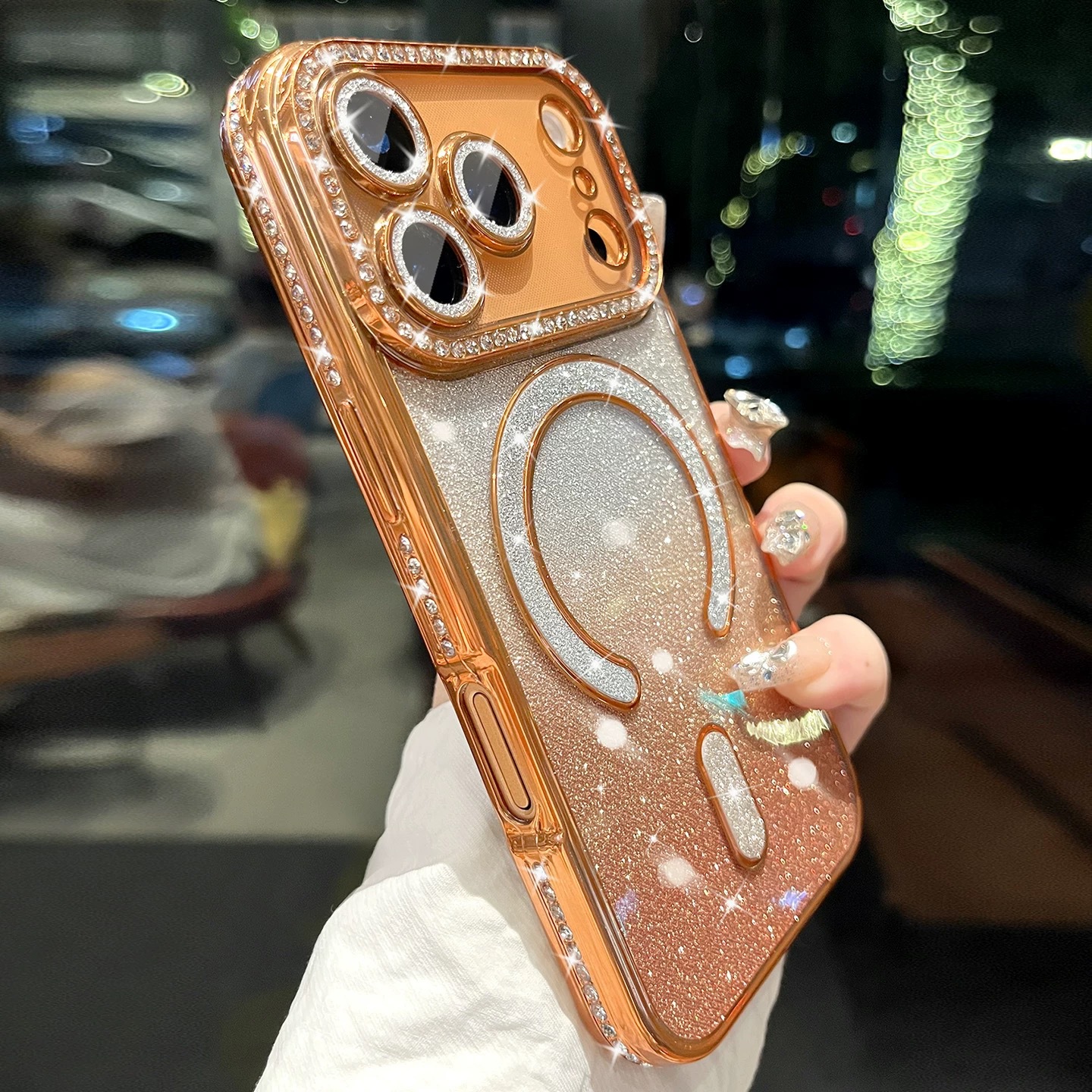 Lujo ligero diamante borde polvo flash absorción magnética para iPhone17PROMAX caso de teléfono móvil de alto nivel sensación de manzana 16 caso