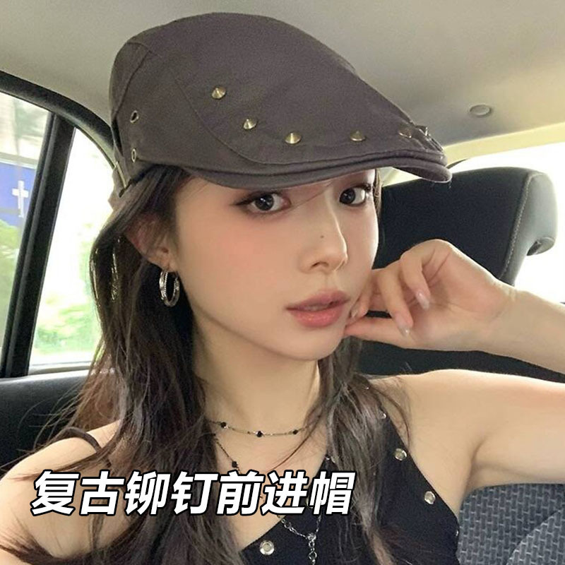 Korean-Style Niche Retro Studded Forward Cap for Women, Spring and Summer Thin Sunshade Japanese Hot Girl Trendy Brand Duckbill Beret Korean-Style Niche Retro Studded Forward Cap for Women, Spring and Summer Thin Sunshade Japanese Hot Girl Trendy Brand Duckbill Beret