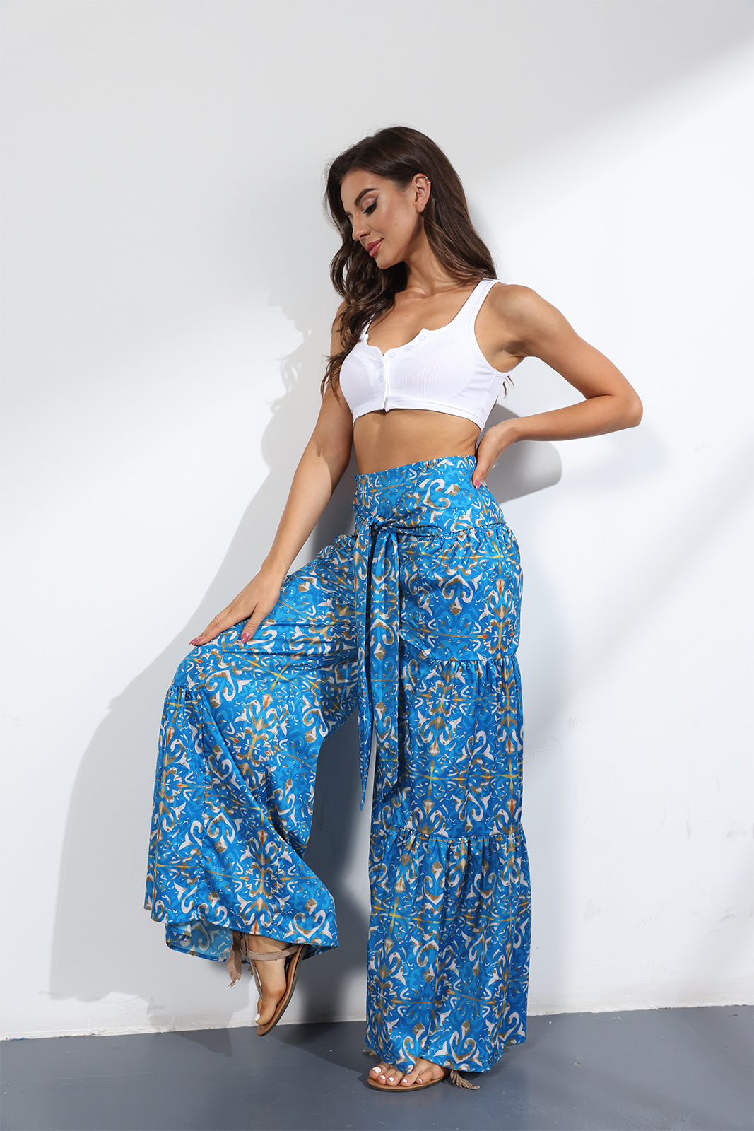 printing loose high waist flared wide-leg pants-Multicolor NSMDF131107