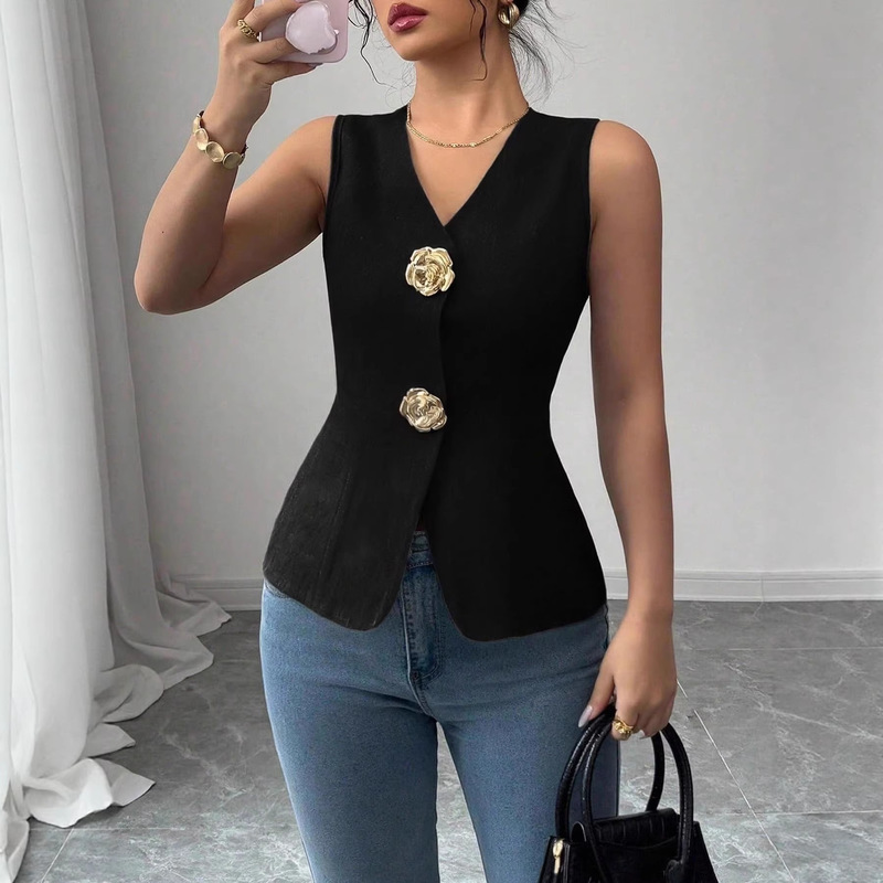 Amazon's Elegant and Stylish Commuter Favorite Sleeveless Vest Top with V-Neck and Floral Button Decoration, Waist-Cinching Design Amazon's Elegant and Stylish Commuter Favorite Sleeveless Vest Top with V-Neck and Floral Button Decoration, Waist-Cinching Design