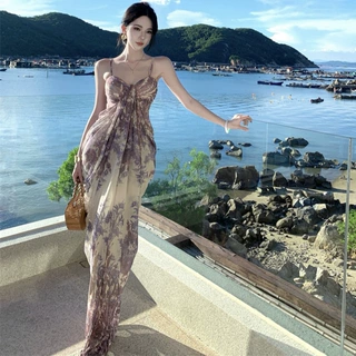 纯欲网纱碎花吊带连衣裙女夏季海边度假气质收腰包臀沙滩裙