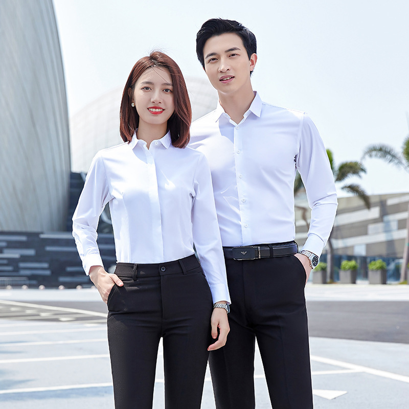 Men's and Women's Long Short-sleeved Shirt Business Wear Bamboo Fiber Non-ironing Shirt Office Enterprise Real Estate 4S Shop Work Clothes