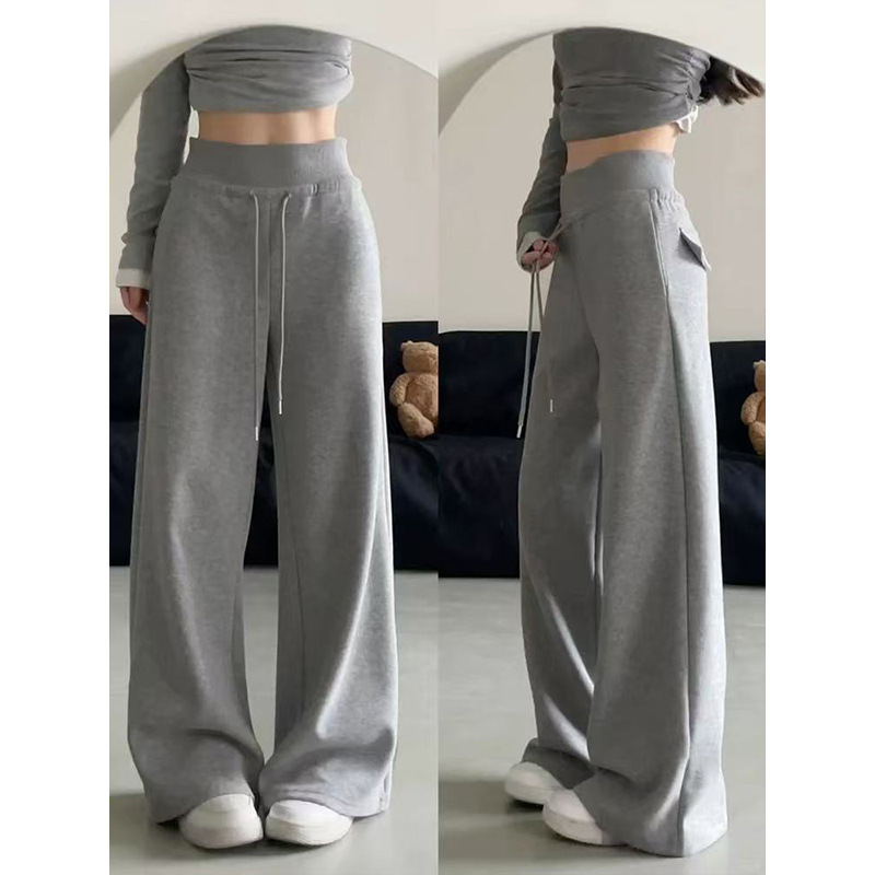 Gray Ribbed Waist Sweatpants for Women, Spring and Autumn 2026 New Style, Slimming Drape Straight-Leg Casual American-Style Wide-Leg Pants Gray Ribbed Waist Sweatpants for Women, Spring and Autumn 2026 New Style, Slimming Drape Straight-Leg Casual American-Style Wide-Leg Pants