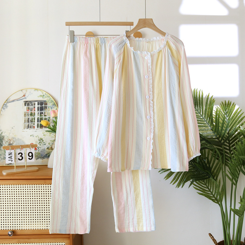 Japanese Style Rainbow Strip Lace Cotton Gauze Pajamas Women's Spring and Autumn Thin Long Sleeve Home Clothes suit