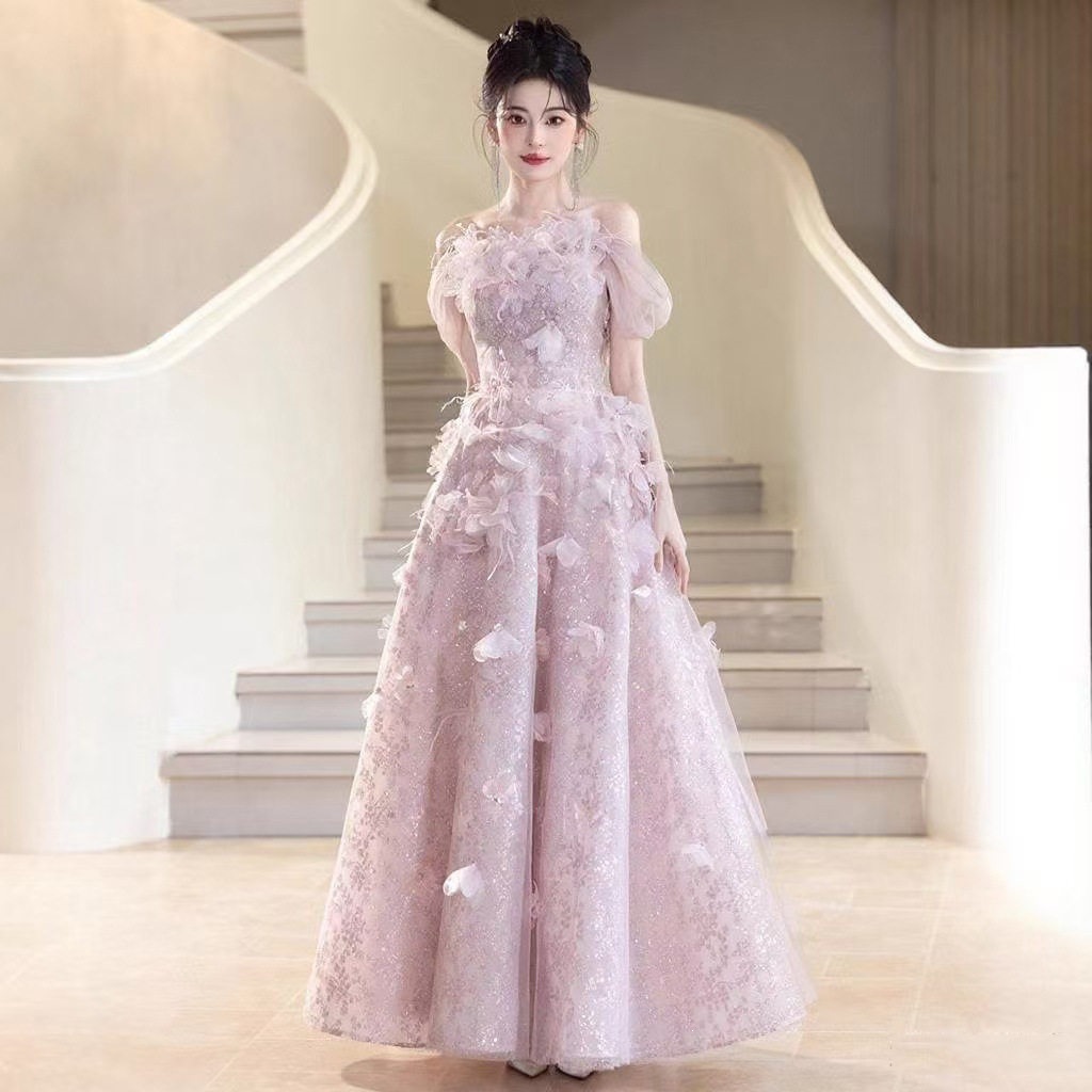 Đầm dạ hội maxi nữ thắt eo kiểu lông vũ cao cấp — Hồng YJN-2536