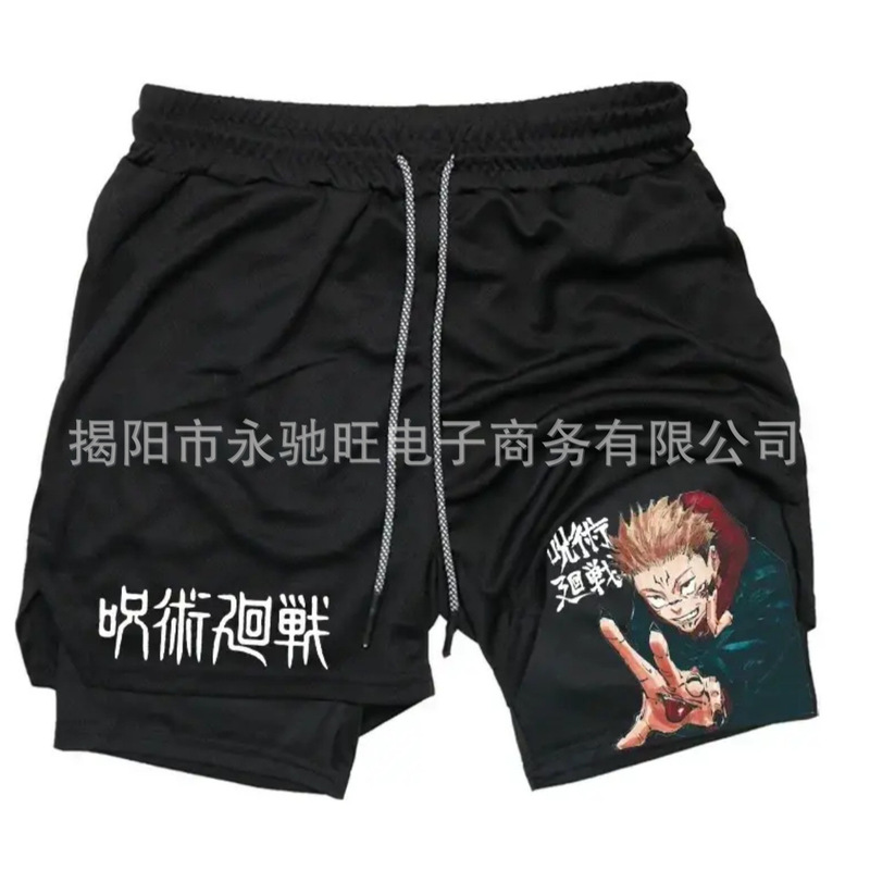 Men's Anime Running Summer New Sports Quick-drying Double-layer Shorts Printed Trendy Digital Casual Beach Pants