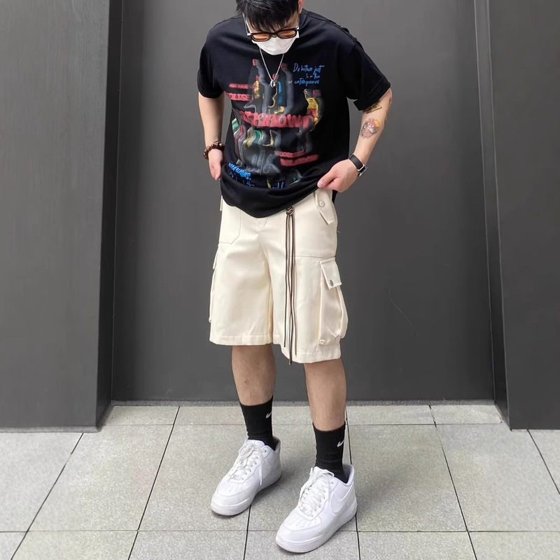 American Retro Washed Multi-Pocket Straight Cargo Shorts Unisex Loose Wide-Leg Knee-Length Casual Pants Extra Thick Twill