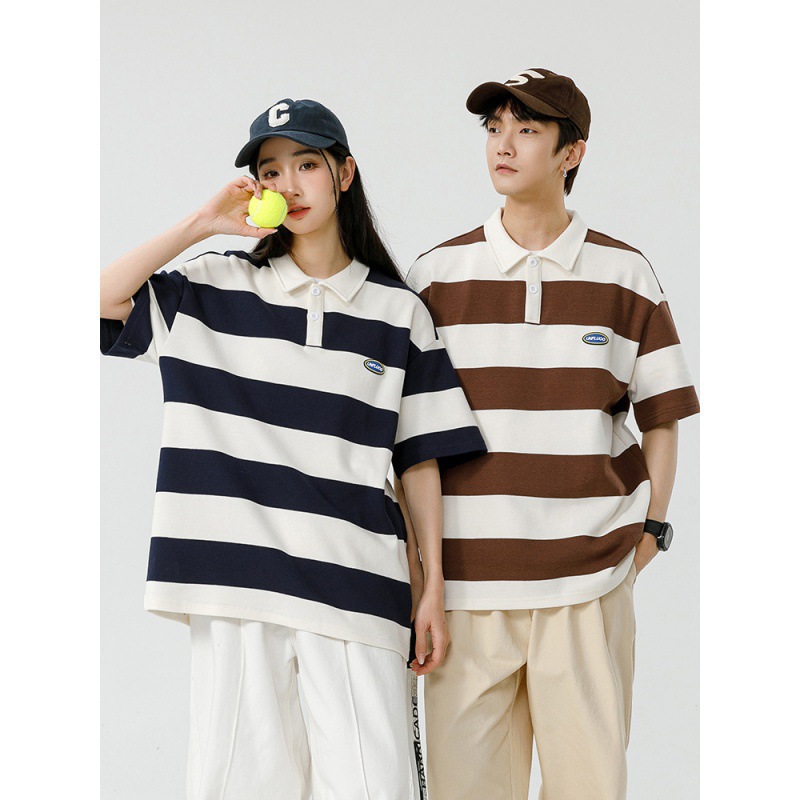 Camiseta Polo a Rayas de Algodón Heavyweight 250G Unisex para Parejas