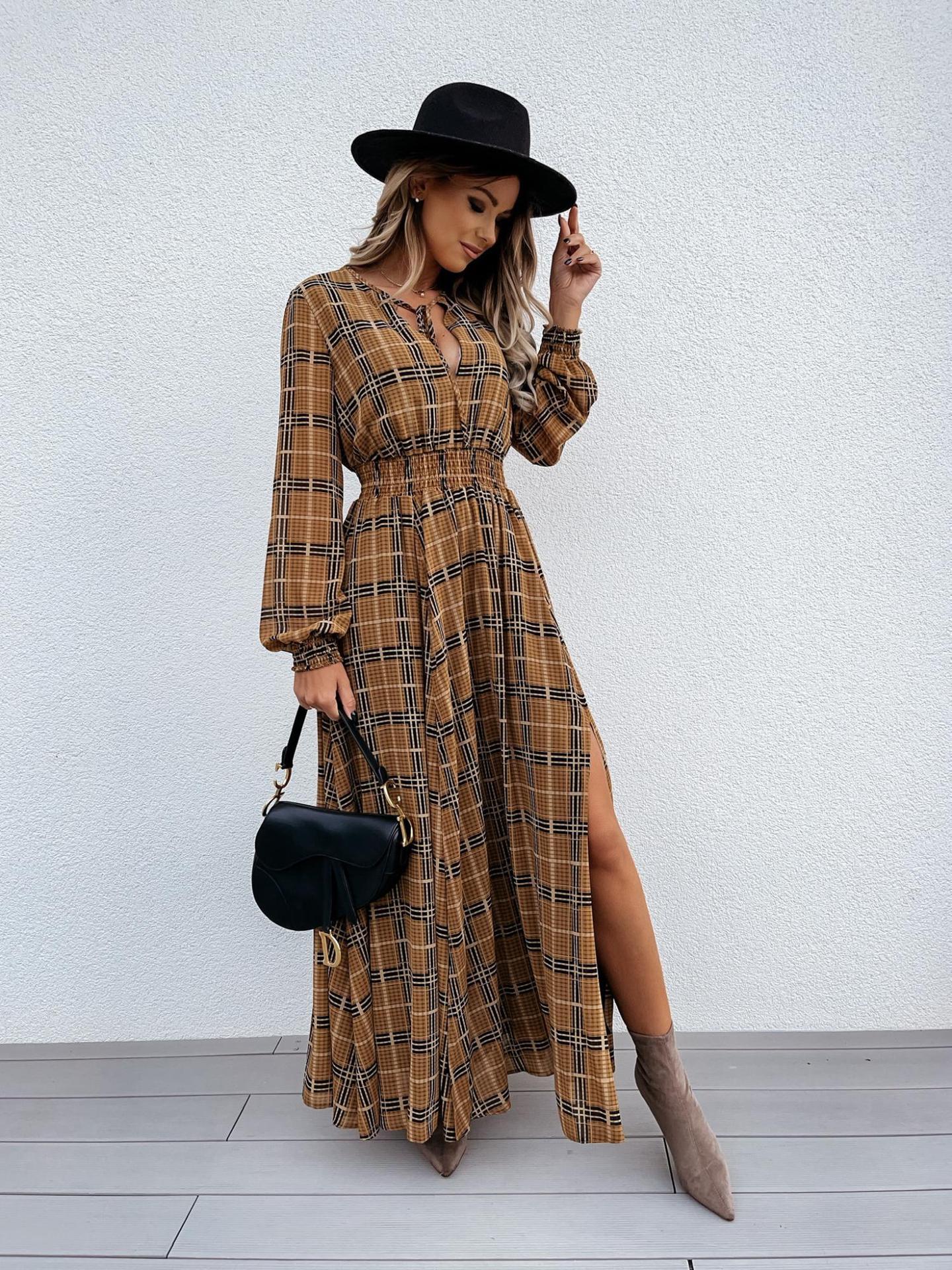 Damenkleid mit Karomuster, langen Ärmeln und Taillenschlitz_voghion.com