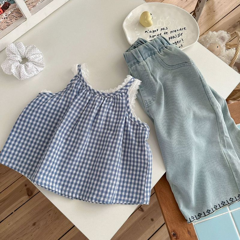 2025 新しい夏の女の子のファッショナブルなレースチェック柄サスペンダーベビーガールファッショナブルで甘いノースリーブトップ|undefined