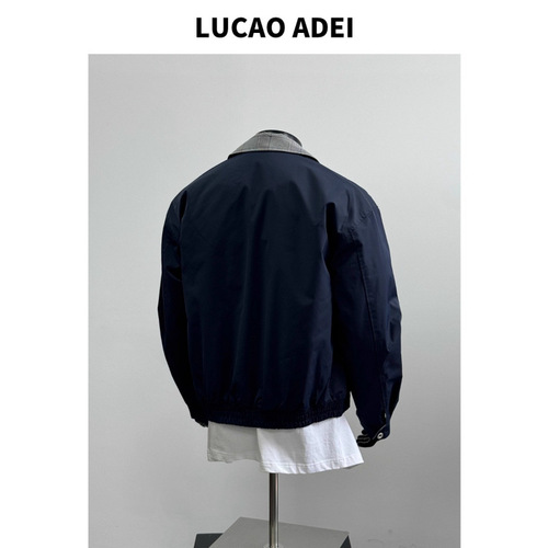 2025 autumn new style American contrast color checked lapel work minimalist loose casual navy blue jacket outer men