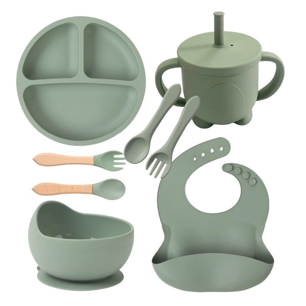 Silicone tableware for feeding, set, bib for baby, non-slip dinner plate