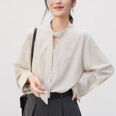 飘带设计感条纹衬衫女春秋2025新款高级感别致绝美上衣衬衣