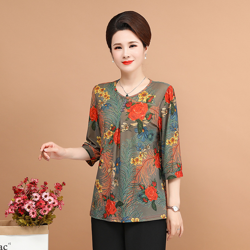 Summer Pullover T-Shirt for Middle-Aged and Elderly Women, New Loose-Fitting Large Size Round Neck Top, Versatile Printed Blouse for Summer