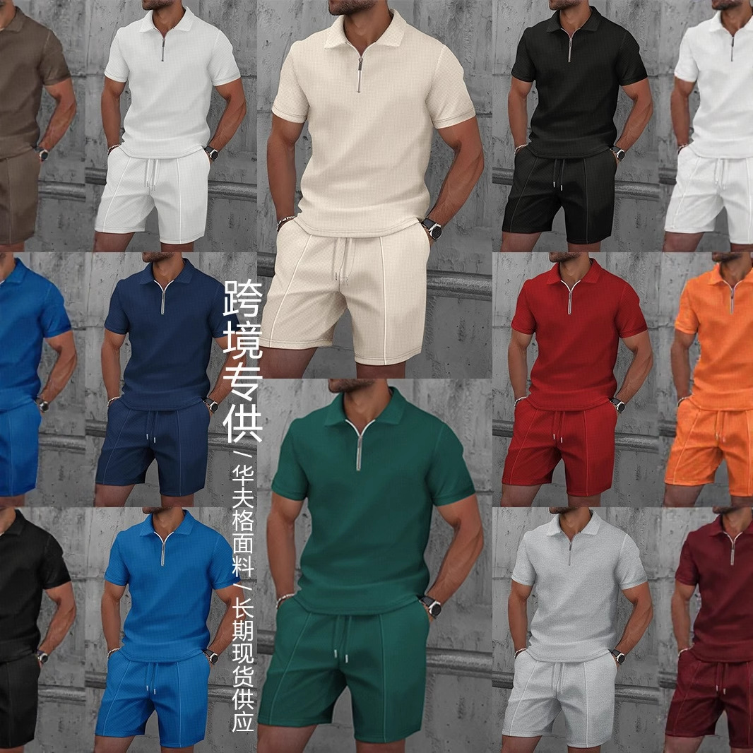 Waffle Trendy New Lapel Polo Men's Suit Short-Sleeved Shorts Casual Sports Suit Amazon Hot Style