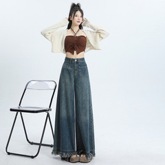 ローエッジレトロワイドレッグジーンズ女性のための春2025新デザインハイウエストルーズドレープフロアレングススカート