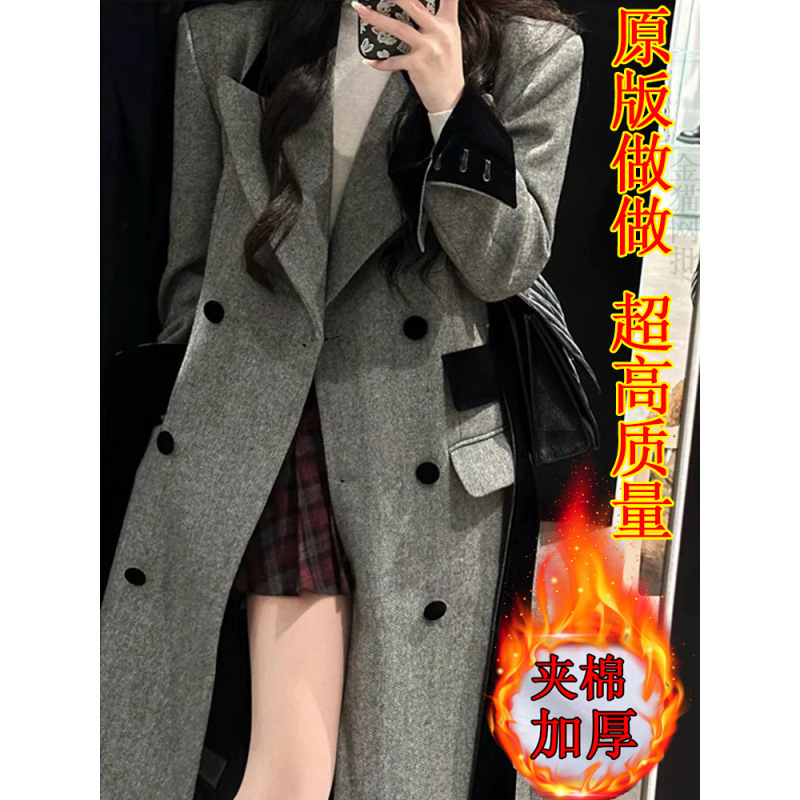 爆款】新款夹棉加厚韩系灰色长款西装式毛呢子大衣外套女冬高级感
