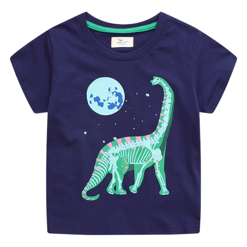 Camiseta de manga corta para niños, bebés y niños pequeños, modelo 2025, top de punto de manga corta con diseño de dinosaurio luminoso.