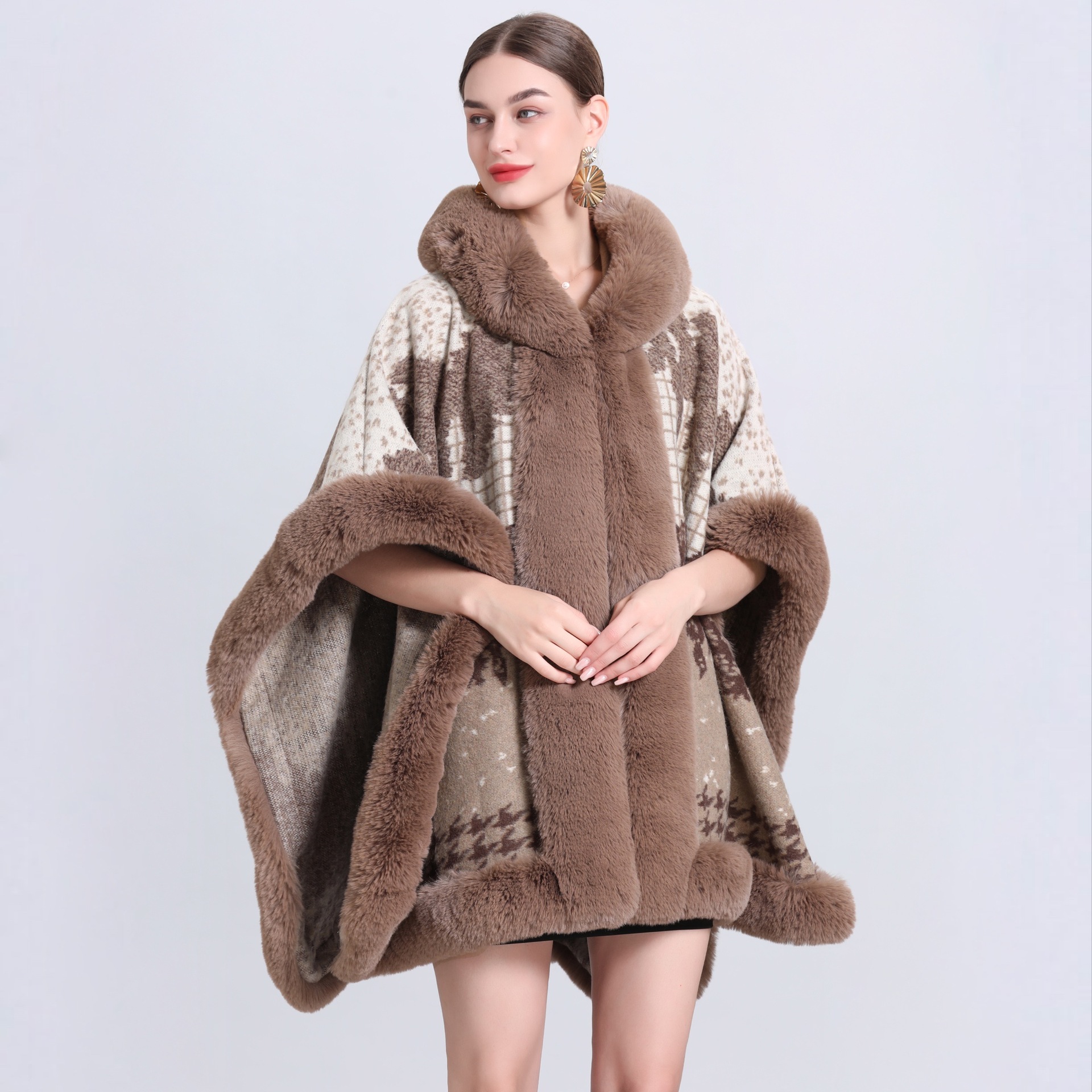 Jacquard fringe hooded cape cape loose knit cardigan plus-size woolen coat_voghion.com