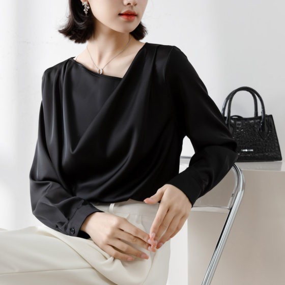 French Style Elegant Commuter Long Sleeve Shirt Women's 2024 Autumn New Design Sense Swing Collar Satin Professional All-match Top