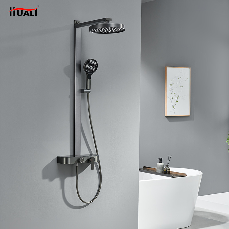 Gun Gray Storage Rack All-Copper Shower Set with Pressure-Boosting Three-Setting Water Outlet Showerhead