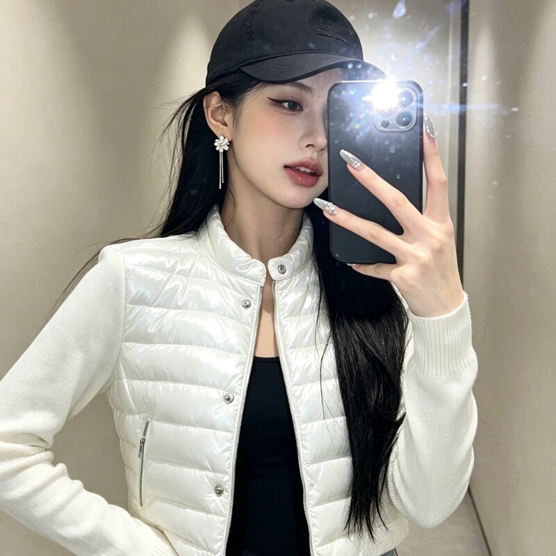 2025 "Poison House In Stock" Authentic Stand Collar Knitted Patchwork Sleeve Label Down Jacket for Women, Lightweight Down for Autumn and Winter