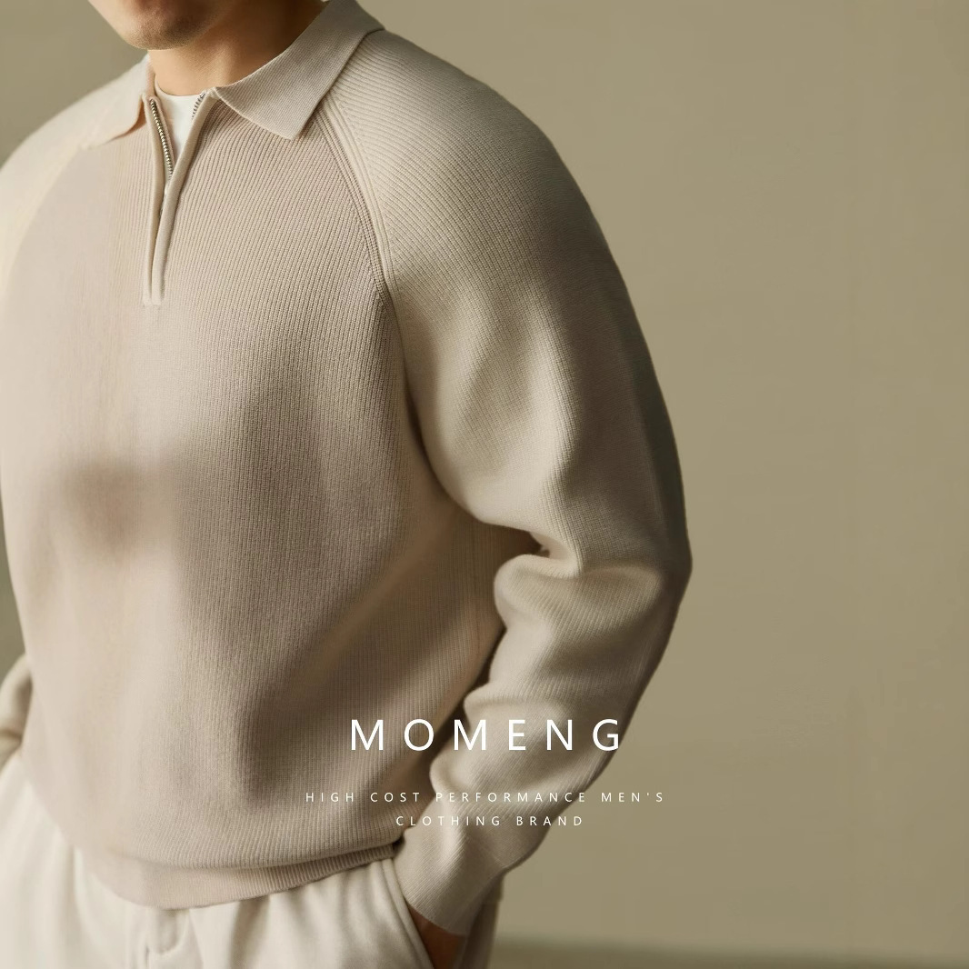 Maglione da uomo con collo a polo e mezza zip, vestibilità slim, maniche raglan, stile casual invernale, con bordi a contrasto_voghion.com