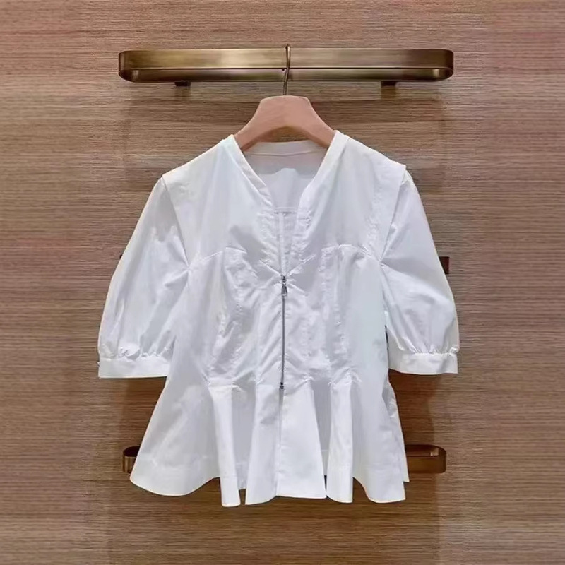 French Elegance 26 Early Spring Three-Dimensional Cut V-Neck Zipper Pleated Youthful Pure White Women's Shirt