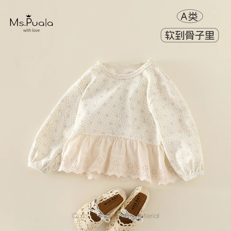 New Style Baby Girl Shirt, Spring Korean-Style Soft Children's Clothing, Infant and Toddler Class a Patchwork Lace Shirt Top T-Shirt