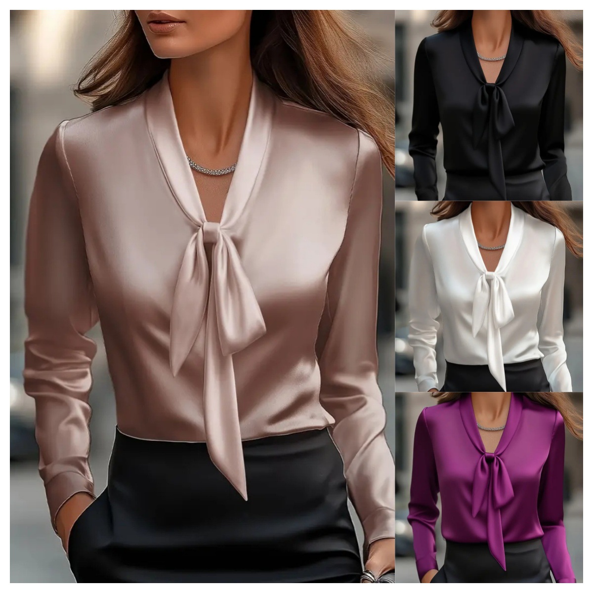 Elegante Satinbluse mit Bindeband vorne – Langarmbluse aus Polyester für Damen, geeignet für Büro und Abend (einfarbig, S-XXL, schmale Passform)_voghion.com