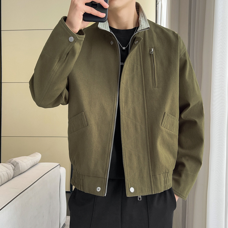 Pure Cotton Jacket for Men, Spring Trendy Brand Men's Clothing, Versatile Men's Pants, Casual Stand-Collar Workwear, Men's Top Outerwear, Trendy