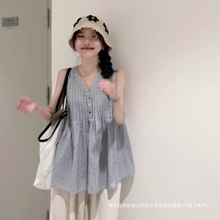 Korean Chic Plaid Design Niche Shirt Vest Dress Women's Summer Thin Sleeveless Outer Baby Doll Top
