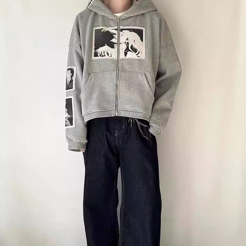 American Retro Patch Punk Print Washed Hooded Sweatshirt for Men in Spring and Autum Loose Casual Versatile Hoodie Jacket