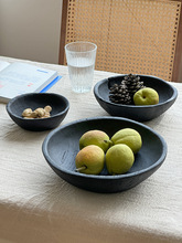 中古侘寂炭烧水果盘柚木圆形木制托盘实木盘子木质果盘黑色复古