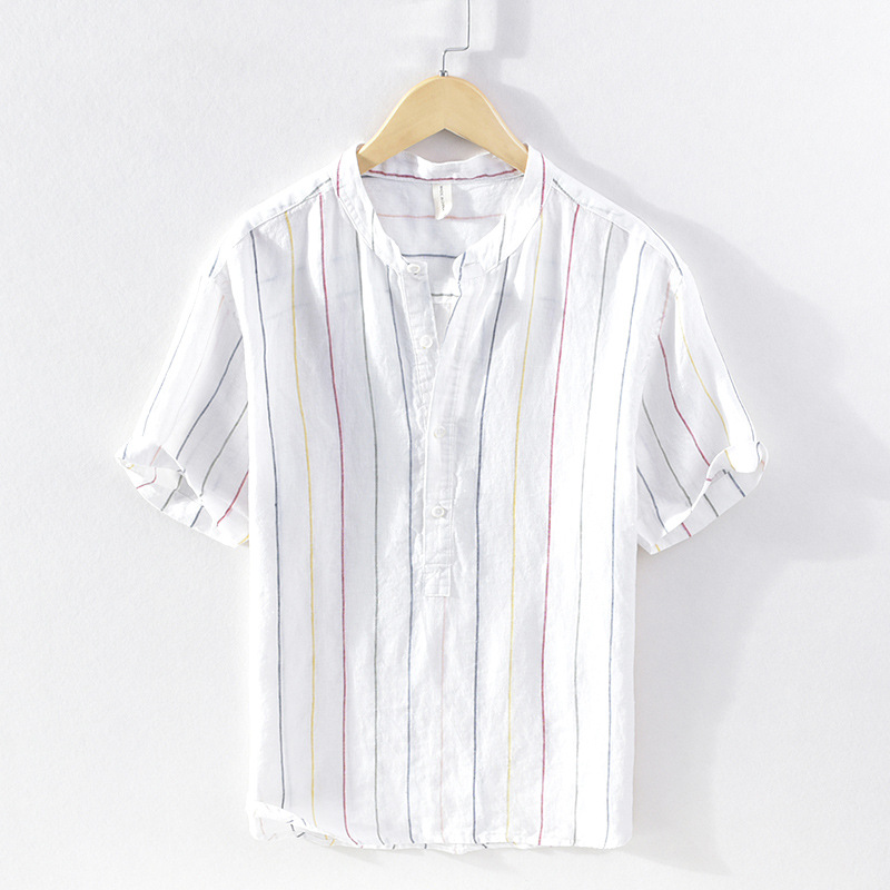 Nuova camicia a maniche corte a righe in lino per giacca casual estiva da uomo con colletto rialzato cinese_voghion.com