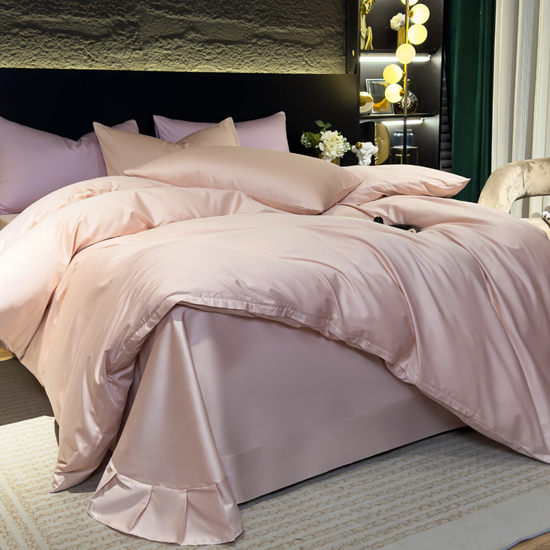 New 60-count Long-staple Cotton Satin Simple Solid Color Four-piece Set, Light Luxury All-cotton Bed Sheet Skin-friendly_voghion.com