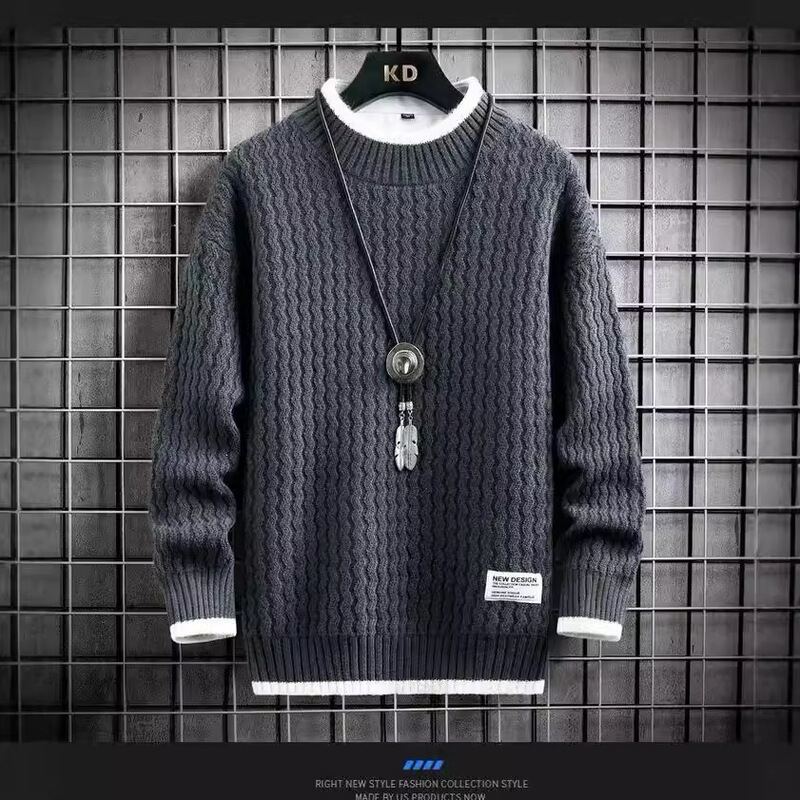 New autumn and winter knitted sweater for men, pullover style, faux two-piece design, plus size, Korean style, worn as an outer layer, low round neck, suitable for layering New autumn and winter knitted sweater for men, pullover style, faux two-piece design, plus size, Korean style, worn as an outer layer, low round neck, suitable for layering