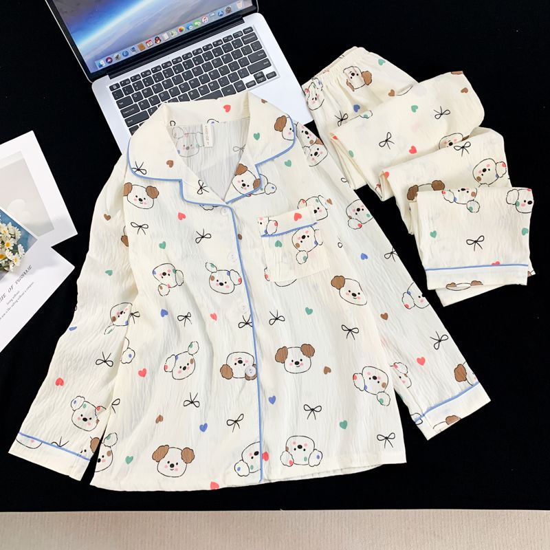 Primavera y otoño pijamas de mujeres pantalones de manga larga nubes de algodón cardigan con solapa dulce dos piezas de dibujos animados lindo ropa para el hogar