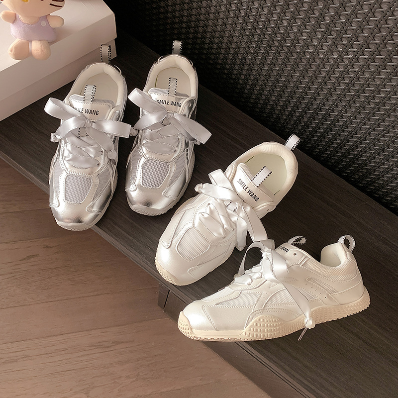 Su Yinyin mismo estilo Shu Fulei ~ Waffle Mesh Ballet transpirable Zapatos casuales deportivos plateados Zapatos Forrest para mujer