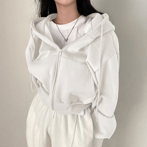 Zip-up long sleeve hooded sweatshirt, loose casual minimalist trendy versatile solid color fashionable lazy feeling outerwear wholesale