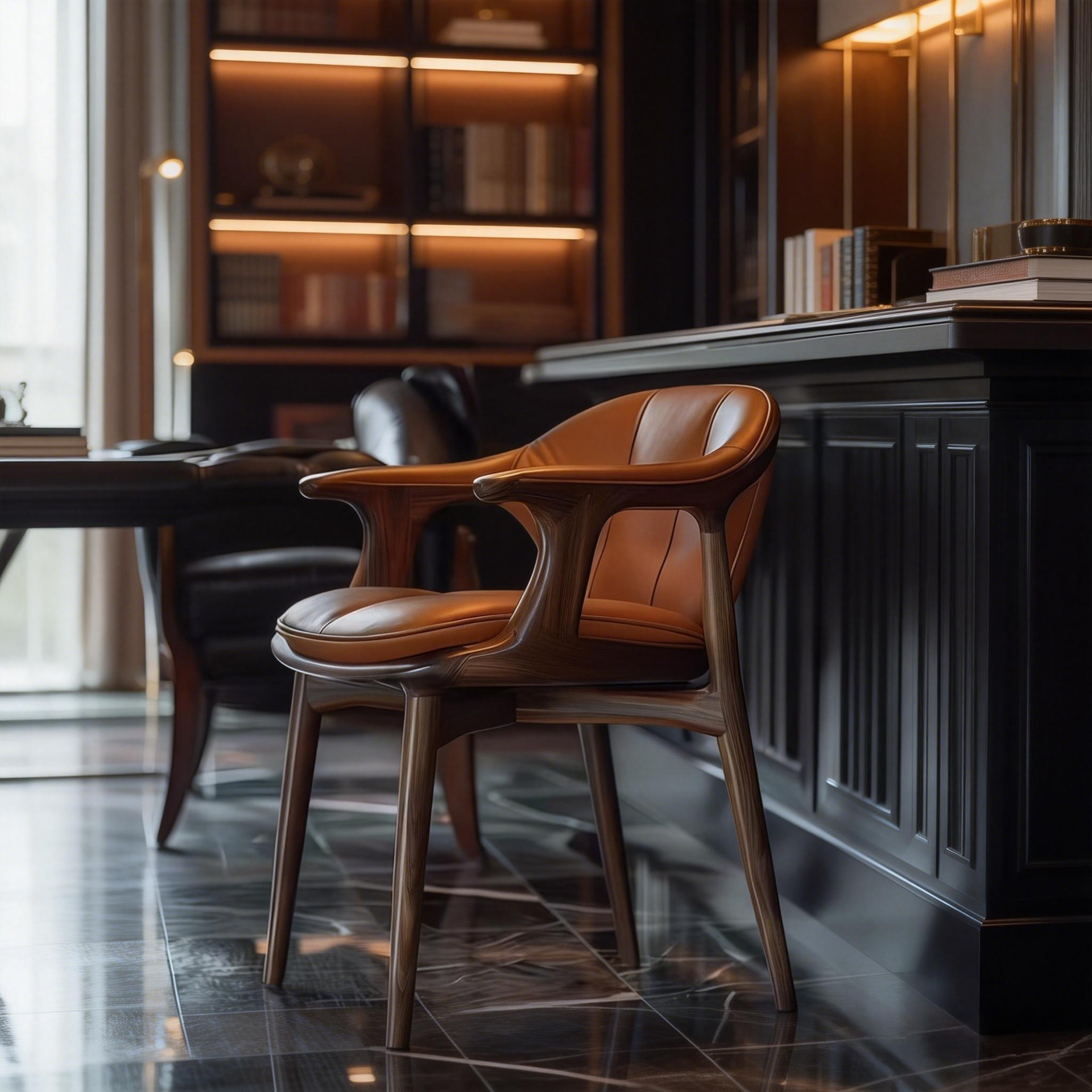 북미산 블랙 월넛 원목 가죽 소프트커버 티체어, 디자이너 모델 가정용 서재/식당 의자, 가구, 라이트 럭셔리 스타일 식탁 의자