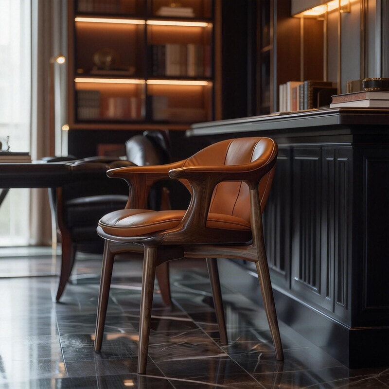 North American Black Walnut Solid Wood Leather Upholstered Tea Chair Designer Model Home Study Dining Chair Furniture Light Luxury Style Dining Chair