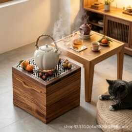 老榆木围炉桌秋冬实木茶台炕桌实木阳台烧烤火锅桌餐桌围炉煮茶桌