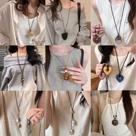 Jewery Long Black Rope Necklace with Circular Pendant for Women, Simple Versatil