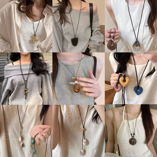 Long Black Rope Necklace with Circular Pendant for Women, Simple Versatile High-End Sweater Chain, Niche Design Sweatshirt Chain Accessory