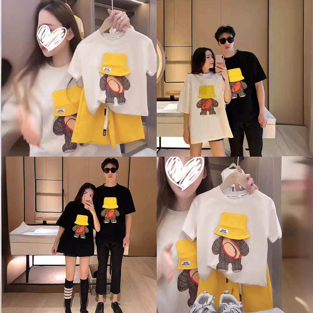 Bordado tridimensional ropa para padres e hijos 2024 nuevo verano pescador sombrero oso familia tres boca cuatro boca camiseta manga corta