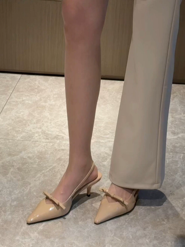 Версия из овчины ~ Элегантные маленькие туфли на шпильке с острым носком и бантом на высоком каблуке с открытой спиной для женщин, французские босоножки на высоком каблуке из натуральной кожи