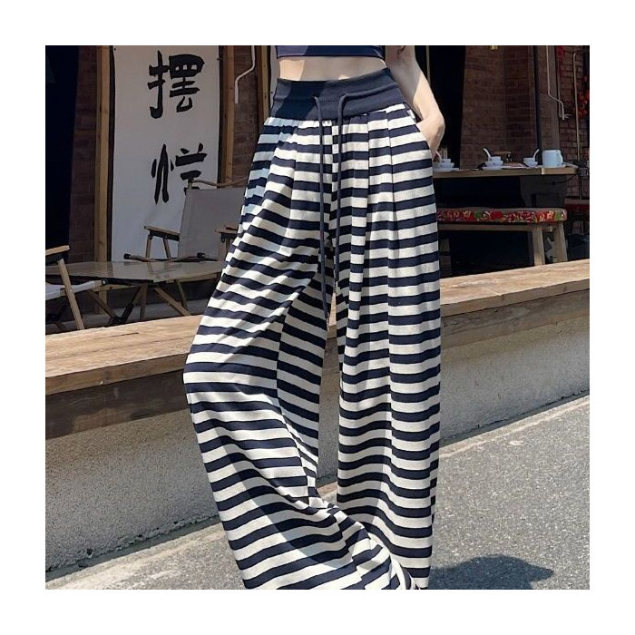 今年爆款夏季新款高腰条纹休闲裤女阔腿裤百搭显瘦长裤子|undefined