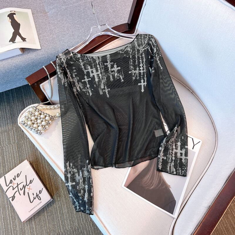 Sweet and Cool Girl Street Style Long-Sleeved Slanted Shoulder Mesh Sun Protection Blouse Summer Thin Black T-Shirt Slim Short Top Sweet and Cool Girl Street Style Long-Sleeved Slanted Shoulder Mesh Sun Protection Blouse Summer Thin Black T-Shirt Slim Short Top