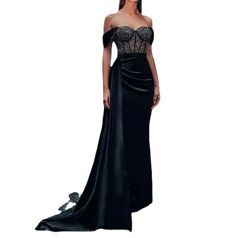 Vestido de noche de encaje sensual sin tirantes con abertura en forma de cola de pez y hombros descubiertos para banquetes, nuevo para mujeres independientes, comercio exterior transfronterizo 2025. image 7